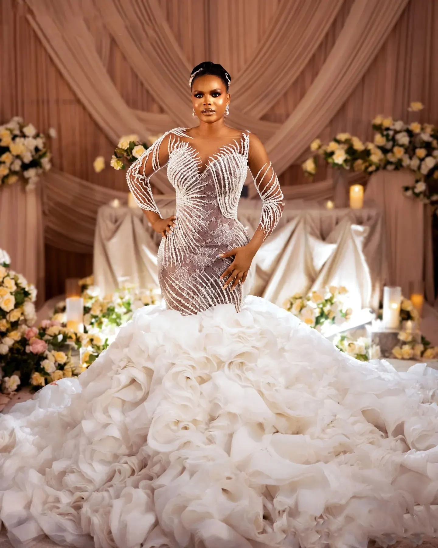 New Mermaid Wedding Dress Sexy Beads Sequins 3D-Lace Long Sleeve Bridal Gowns Woman Robe Vestido De Noiva Plus Size Customized