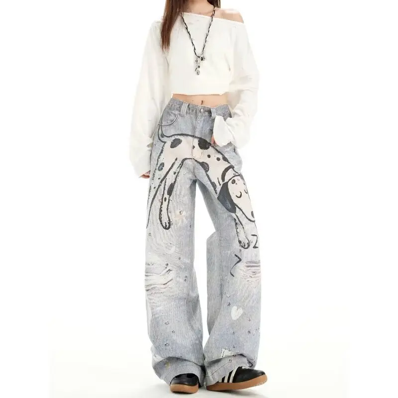 Fashion Retro Y2K Cartoon Sleepy Dog ​​pattern Loose Wide Leg Jeans Unisex Blue Cartoon Puppy Print Mopping Baggy Jeans