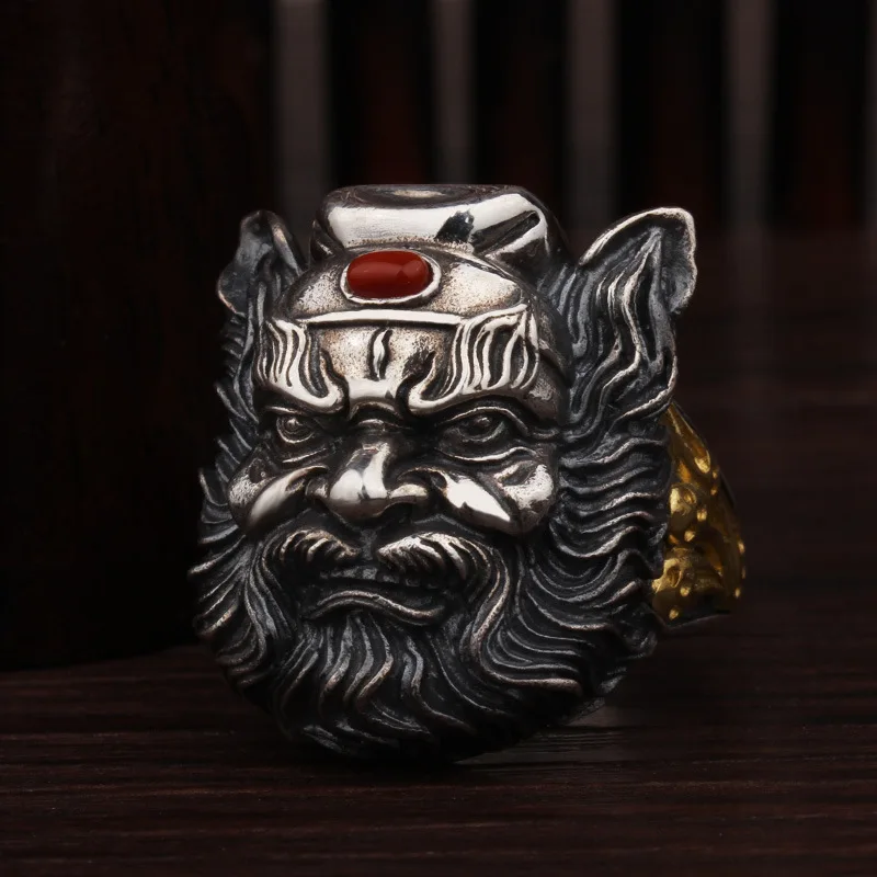 Vintage ethnic style Zhong Kui mens rings domineering relief Southern red tourmaline ring exaggerated banquet silver 925 jewelry