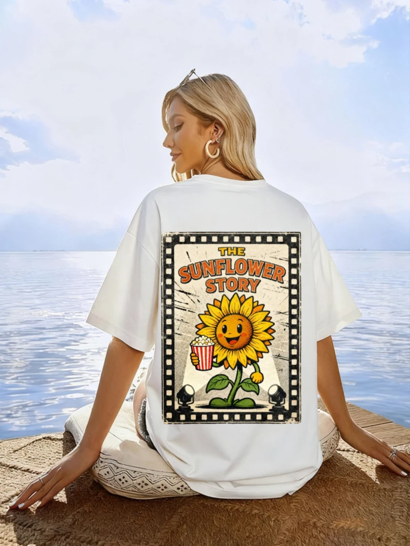 

Women's Loose White Short-sleeved T-shirt Printed Sunflower Story Pattern Is Suitable for Seaside Vacation
