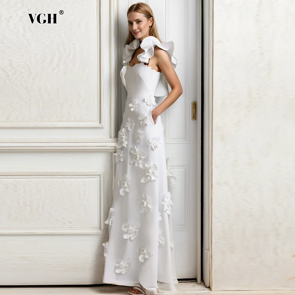 

VGH Elegant Spliced Appliques Long Dress For Women Square Collar Sleeveless Backless High Waist Temperament Slim Dresses Female