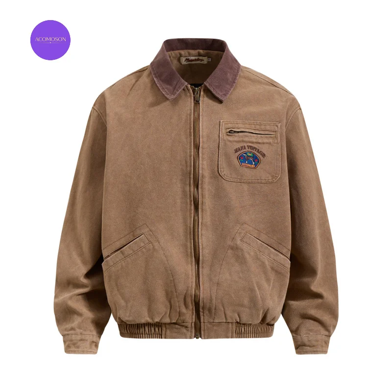 ACOMOSON Retro Heavy-Duty Washed Distress Work Jacket Travel Holiday Hunting Hiking Stand-Up Collar Unisex Loose-Fit Jacket