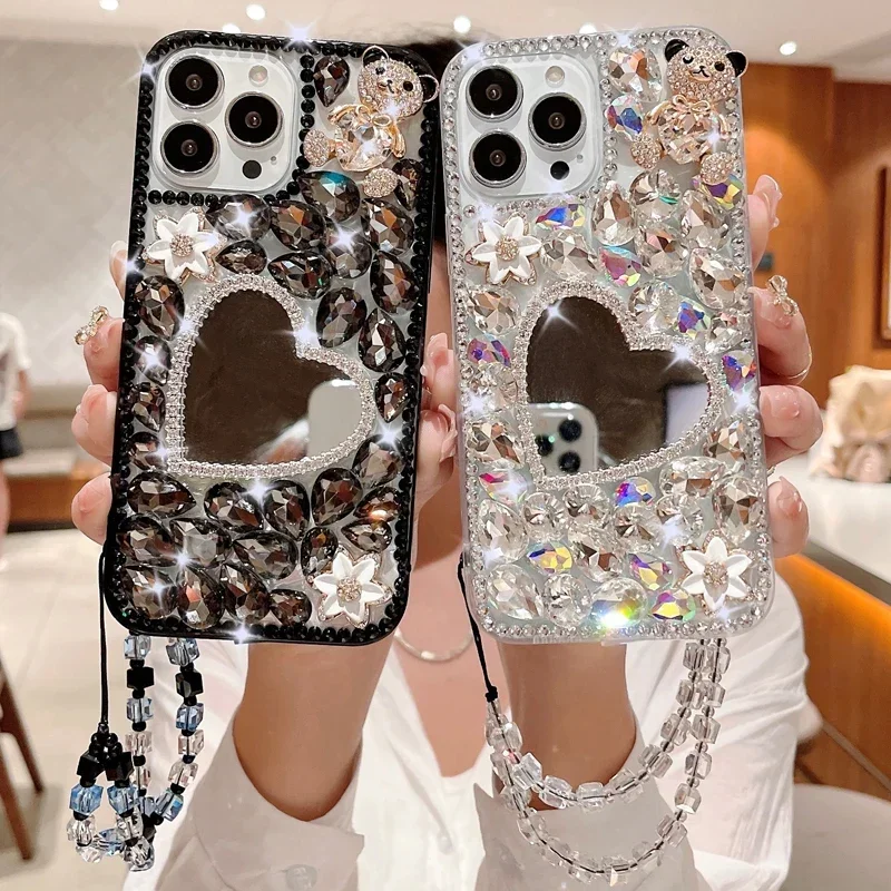 Glitter Diamond Bling Mirror Phone Case for Xiaomi Redmi 9A, 9C, Note8, 9Pro, Note10S, Note11 Pro, 12Pro, Makeup Mirror, Heart
