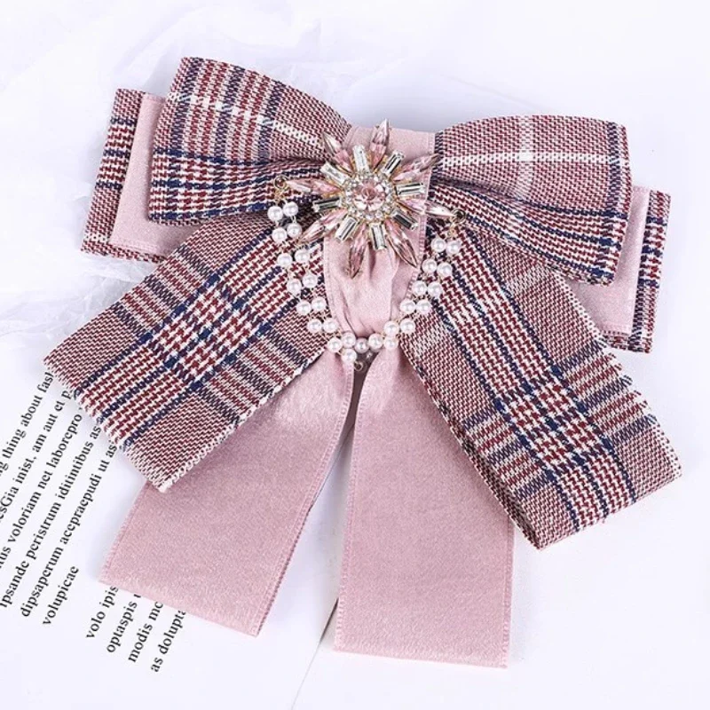 Korean Fashion Plaid Multi-layer Bowknot Ladies Fabric Bow Tie High-end Pearl Rhinestone Pins and Brooches for Women Accessories