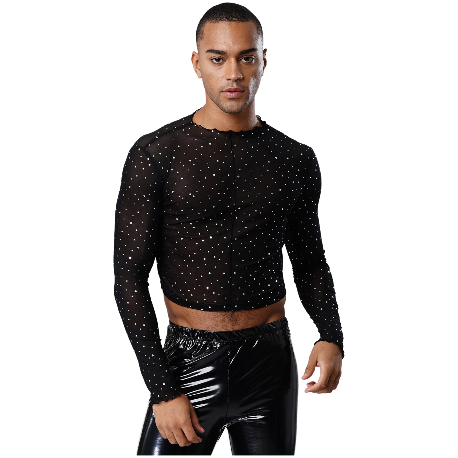 Men Sexy See Through T-shirt Long Sleeve Ruffled Trim Pullover Crop Top Sequins Navel Exposes Tops for Club Party Dance Tops