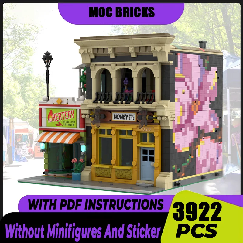 

City Street View Moc Building Blocks Honey Side of Life & The Heatery Model Technology Bricks DIY Assembly Gift Holiday Toy