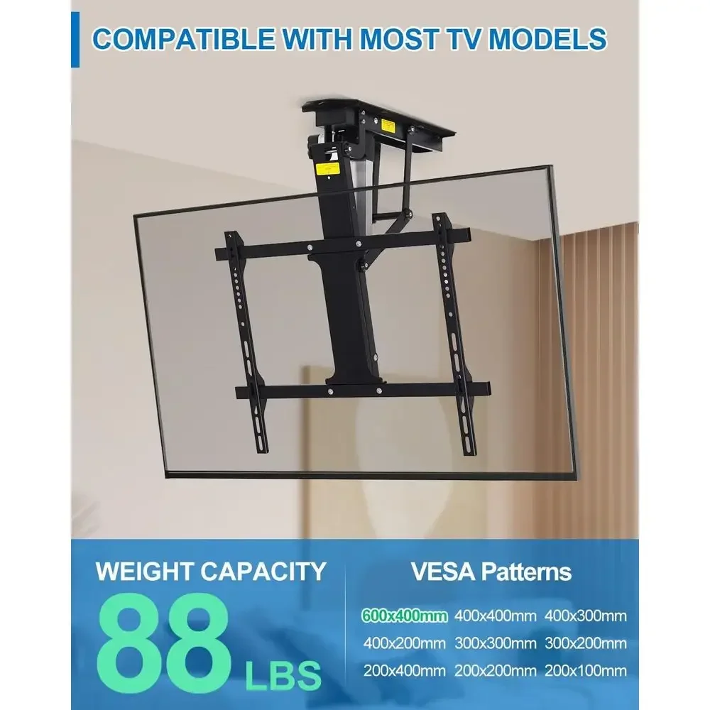 Motorized Ceiling TV Mount for 32-70 Flat & Curved TVs, 88 lbs Capacity, VESA 600x400, Black