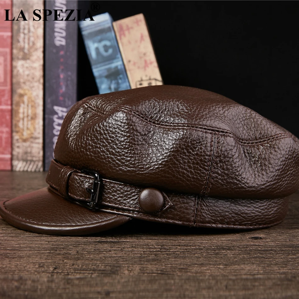 LA SPEZIA 2024 Brand Military Hat Sailor Men Brown Genuine Cow Leather Winter Baker Boy Caps Male Belt Top Quality Captain Hat