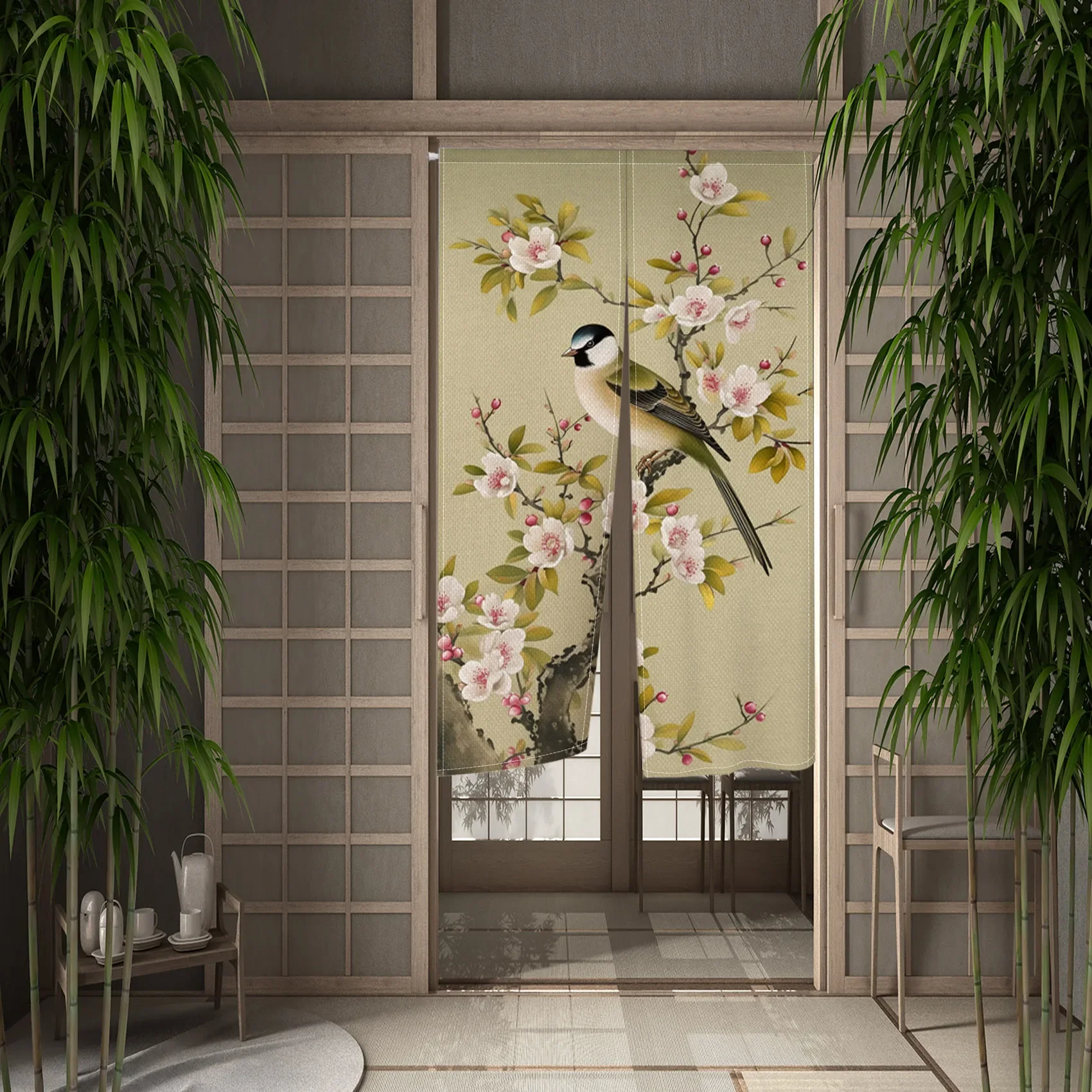 Bird Flower Themed Door Curtains Chinese Style Ink Wash Paintings Japanese Curtain Kitchen Bedroom Partition Decor Half Curtain