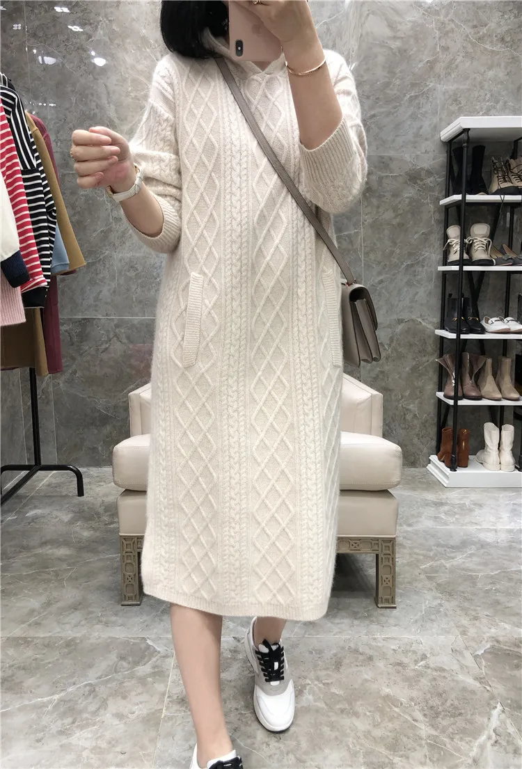 Pure Goat Cashmere Dress with Hoodie, Bottoming Knee-Length, Knitted Dress, Autumn and Winter, 100%