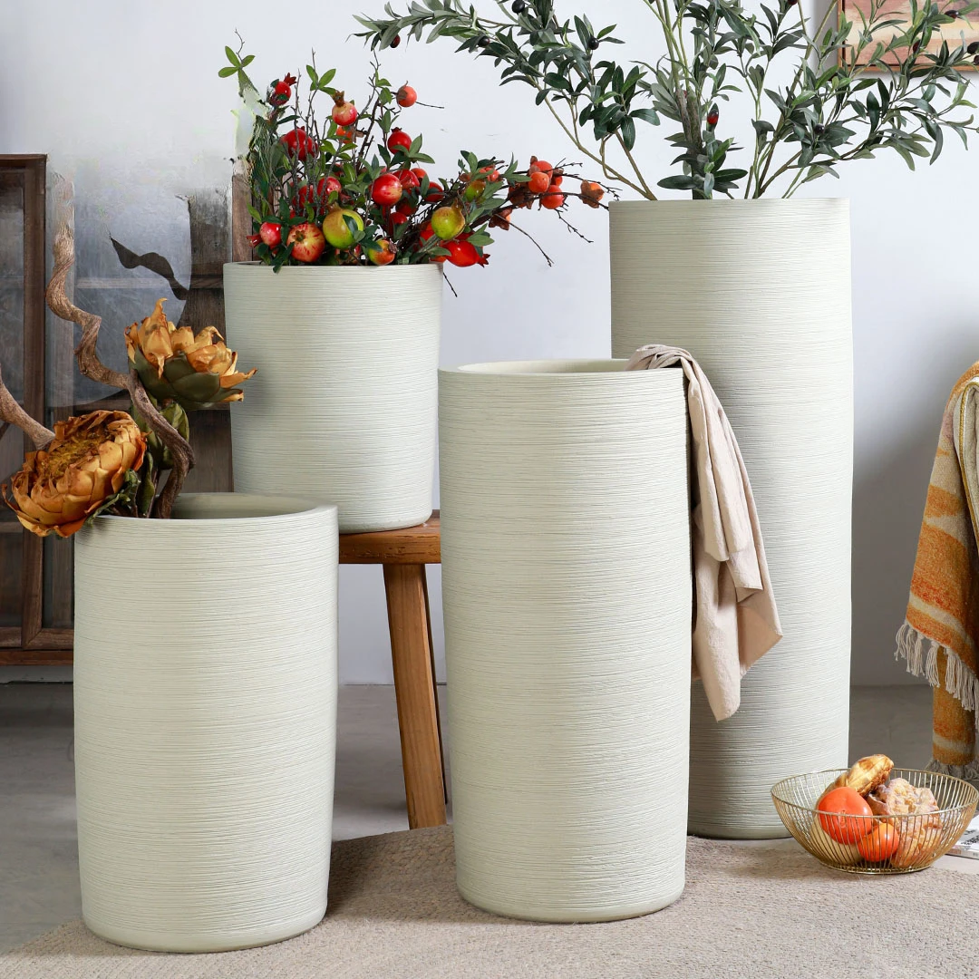 The product can be customized.Flower Pot White Ceramic Jingdezhen Modern Simple Straight Barrel Thread Villa