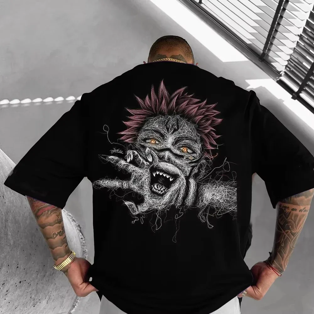 الصيف الجديد Jujutsu Kaisen Sukuna تي شيرت مسطح الرجال السود الرسوم المتحركة طباعة المتضخم الشارع تي شيرت Y2K الموضة الجمالية