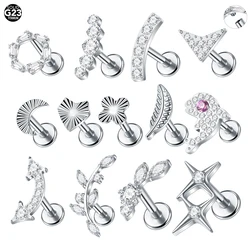 1/5PCS Titanium Feather Ear Piercing Zircon 16G Flat Helix Labret Moon Lip Nail Tragus Conch Cartilage Stud Piercings Jewelry