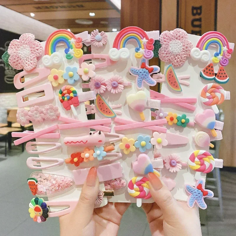 Girls 14-piece Hairpin Cute Edge Clips Cartoon Hairpin Cartoon Flower Fruit Rainbow Animal Candy Cloud Hairpins Party Favors