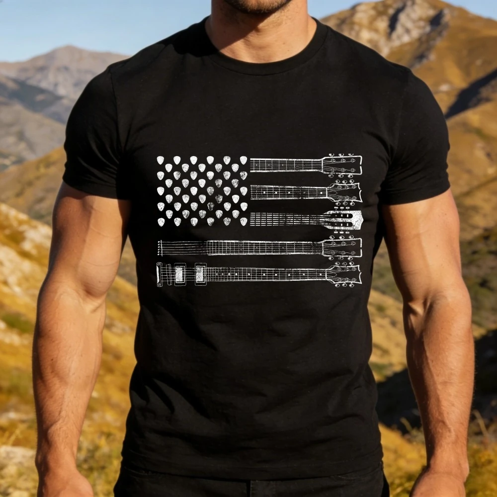 

Mens Guitar Flag T-Shirt Fourth of July Vintage Creative Design Tshirt Independence Day Shirt Patriotism Unisex Cotton Tops