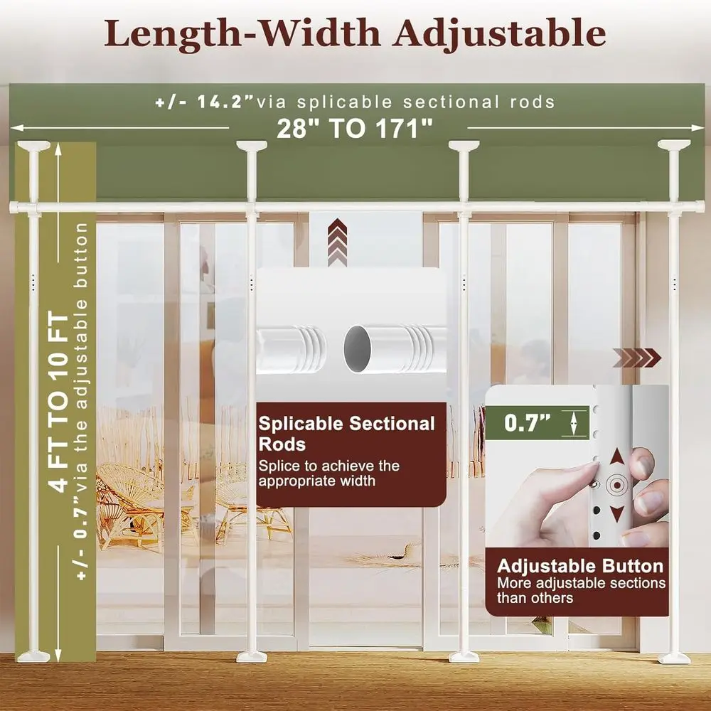 Room Divider, Tension Curtain Rods No Drilling, 4-10ft H 28-171in W Adjustable Temporary Privacy Wall Divider, Heavy Duty Retrac