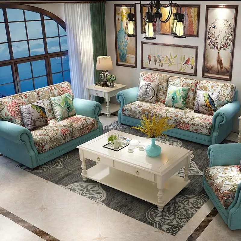 

American fabric sofa fully furnished small apartment living room Mediterranean rural pastoral style single double triple sofa