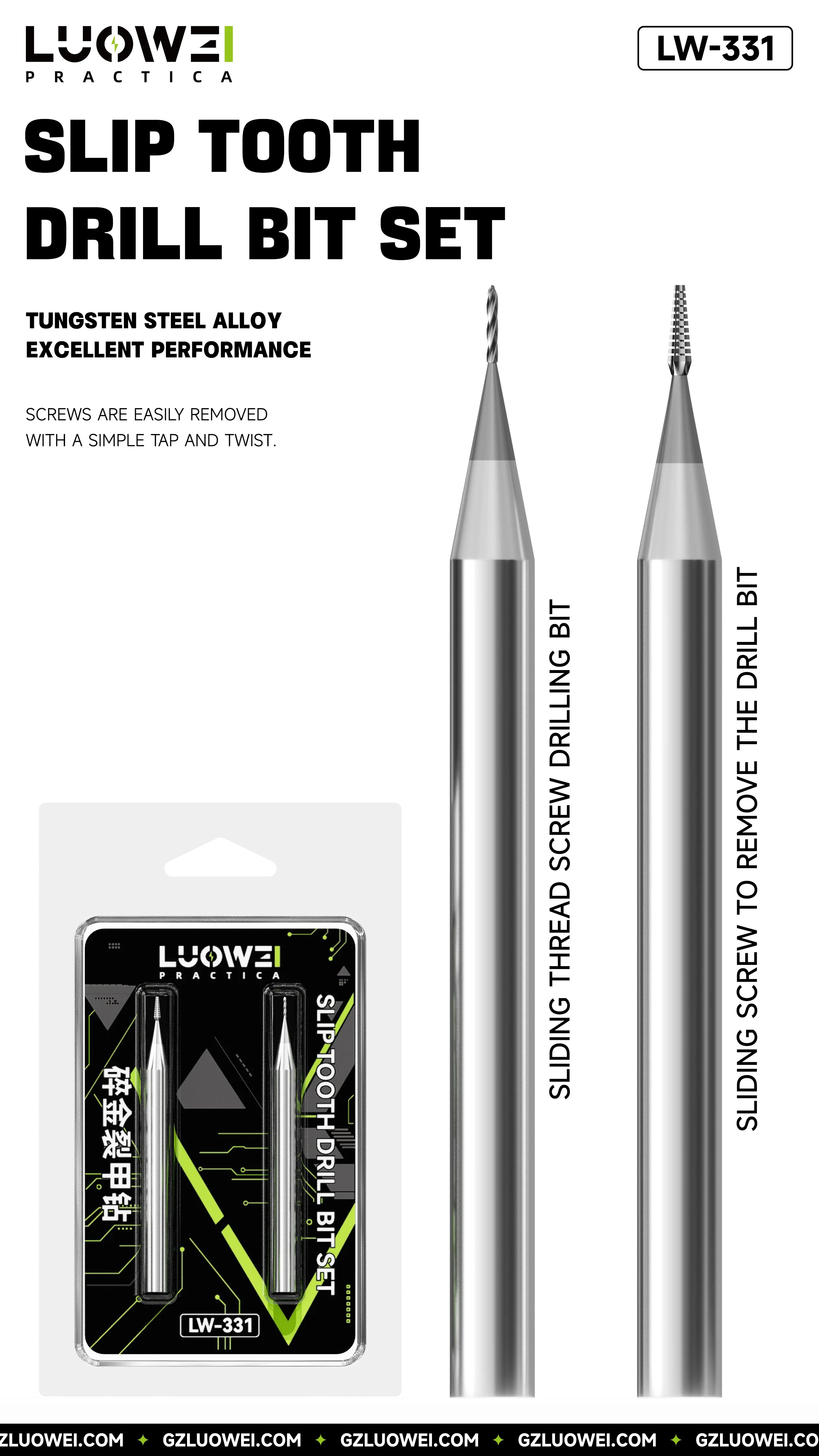 LUOWEI LW-331 Screw Extractor Drill Bit Set 2PCS High Hardness Alloy Non Magnetic for Stripped Broken Screw Removal Phone Repair