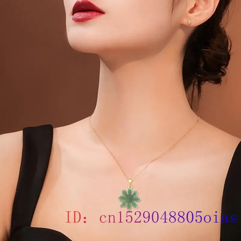 Burmese Jadeite Sunflower Pendant Amulets Green Gift Real Vintage Jade Charms Natural Stone Emerald Jewelry Gemstones Necklace