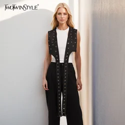 TWOTWINSTYLE Solid Patchwork Rivets Hollow Out Waistcoats For Women V Neck Sleeveless Patchwork Belt Chic Short Waistcoat Female