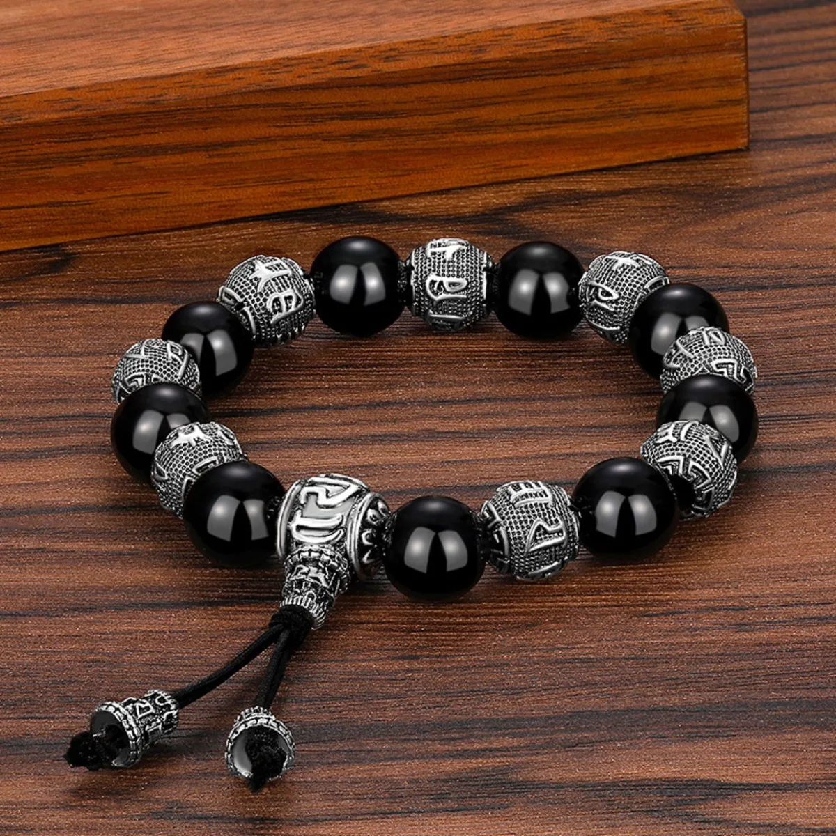 Tibetan Ethnic Silver Color Buddha Bead Bracelet for Men Om Mani Padme Hum Lotus Shaped Vintage Nepal Obsidian Jewelry Wholesale