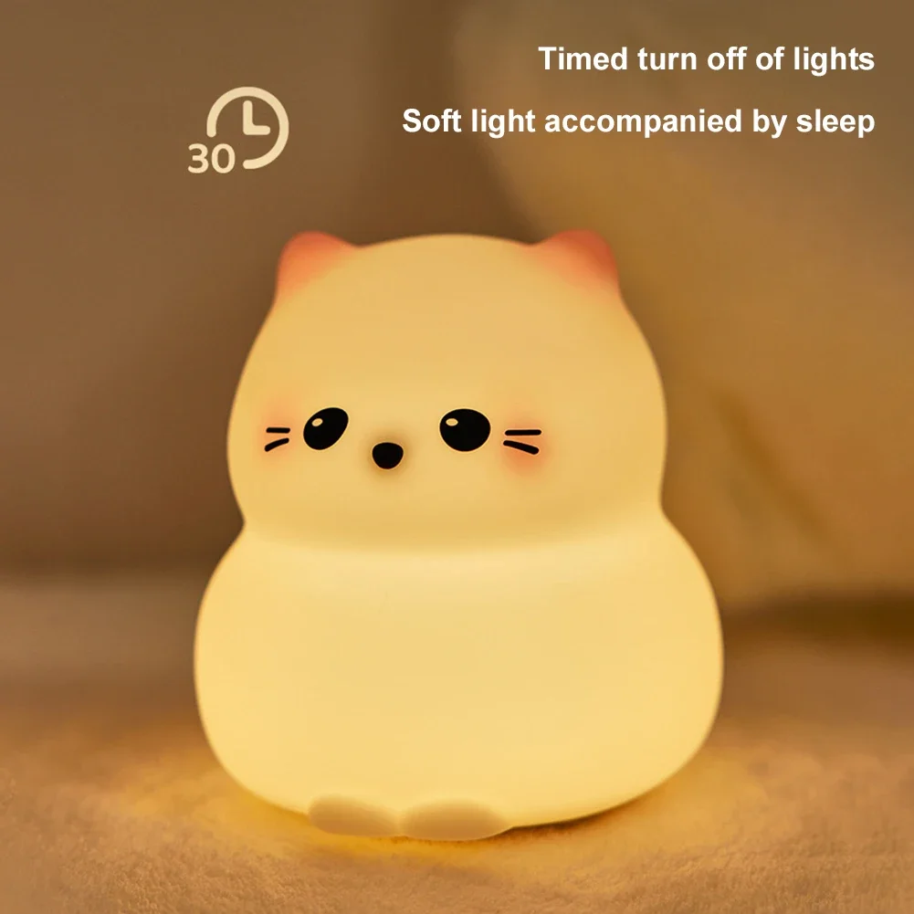 Guardian Kitty Silicone LED Night Lights USB Rechargeable Sleep Night Lamp Timing Bedside Room Decor Kids Baby nightlight Gift