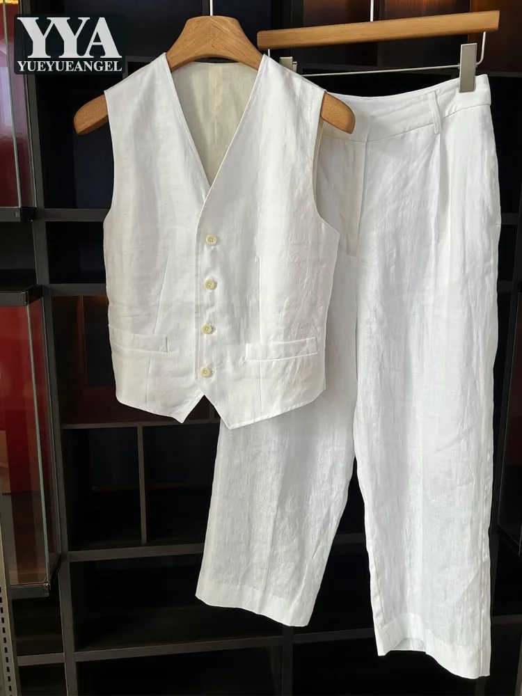 

Модный летний женский комплект: новый стиль, безрукавка с V-образным вырезом, повседневные широкие брюки в пол, комплект из двух предметов