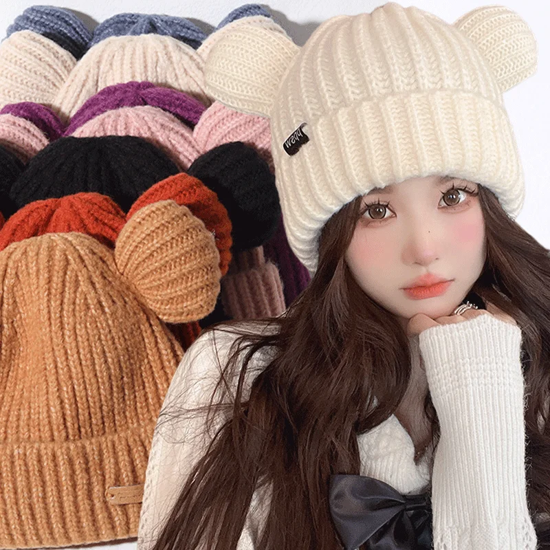 

Lovely Women's Fashion Knitted Hat Caps Cute Bear Ears Adult Soft Plush Thickened Outdoor Ear Protection Warm Hats Female Hat