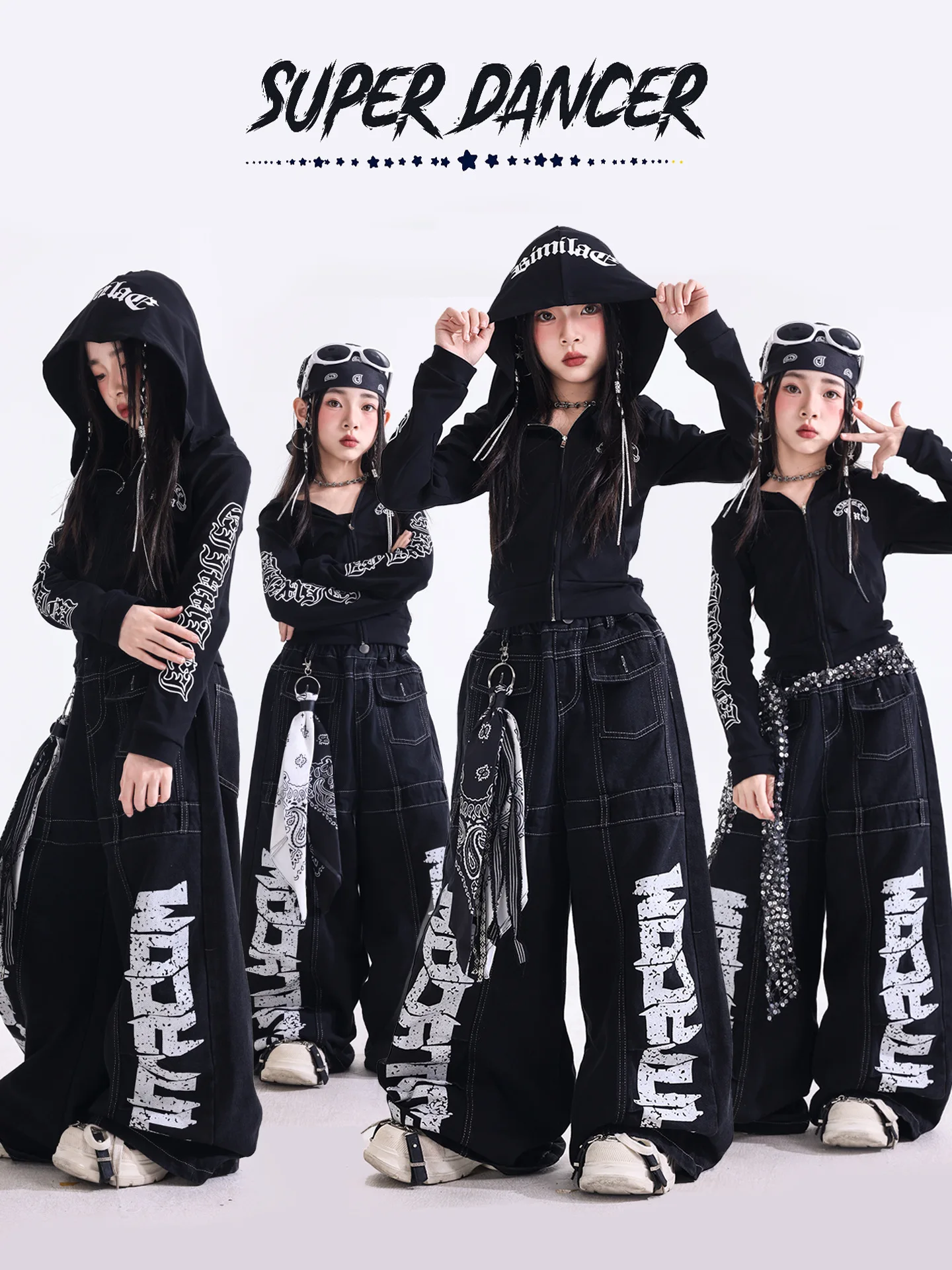 Girls Hip Hop Dance Costume Black Zip Up Hood Crop Top Printed Wide Leg Jeans Kids Kpop Jazz Street Stage Performance Outfit
