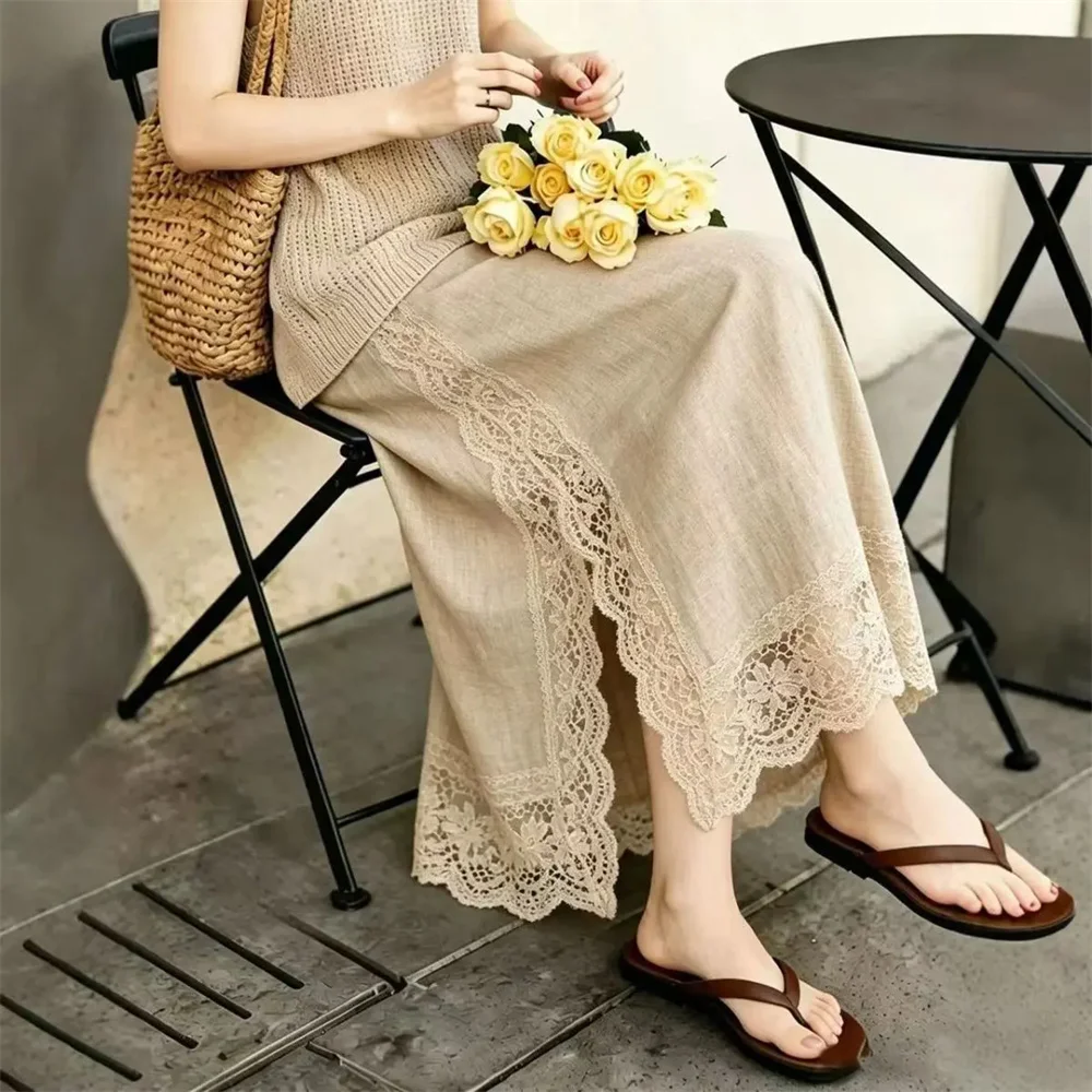 Linen-cotton High Waist Split Long Skirt Women Lace Patchwork A-line Skirt Office Ladies Summer Autumn Fashion Skirts