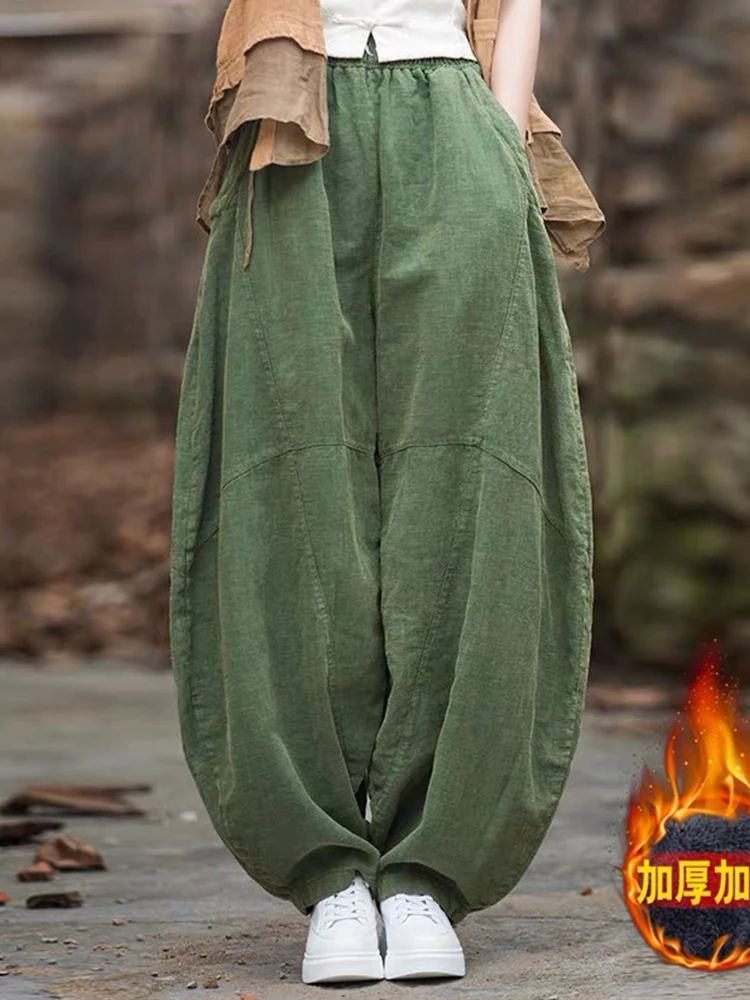 Retro Thiened Fce Women's Lantern Pants High Waist Elastic Loose Leg Linen Carrot Pants Winter Casual Wide Leg Trousers