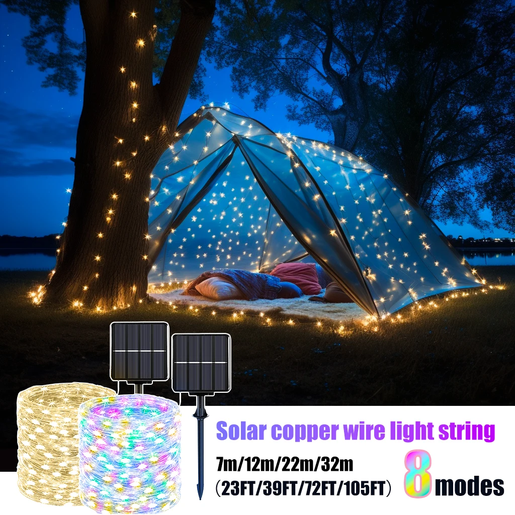 Guirnalda de luces LED solares para exteriores, lámpara impermeable para camino, Patio, Navidad, boda, jardín, calle, 7M, 12M, 22M, 32M