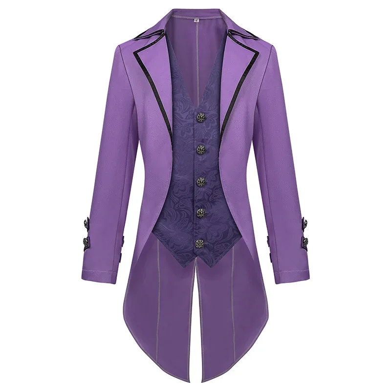 Mens Purple Steampunk Gothic Jacket Long Sleeve Button Retro Victorian Tailcoat Tuxedo Uniform Men Party Halloween Costume Coat