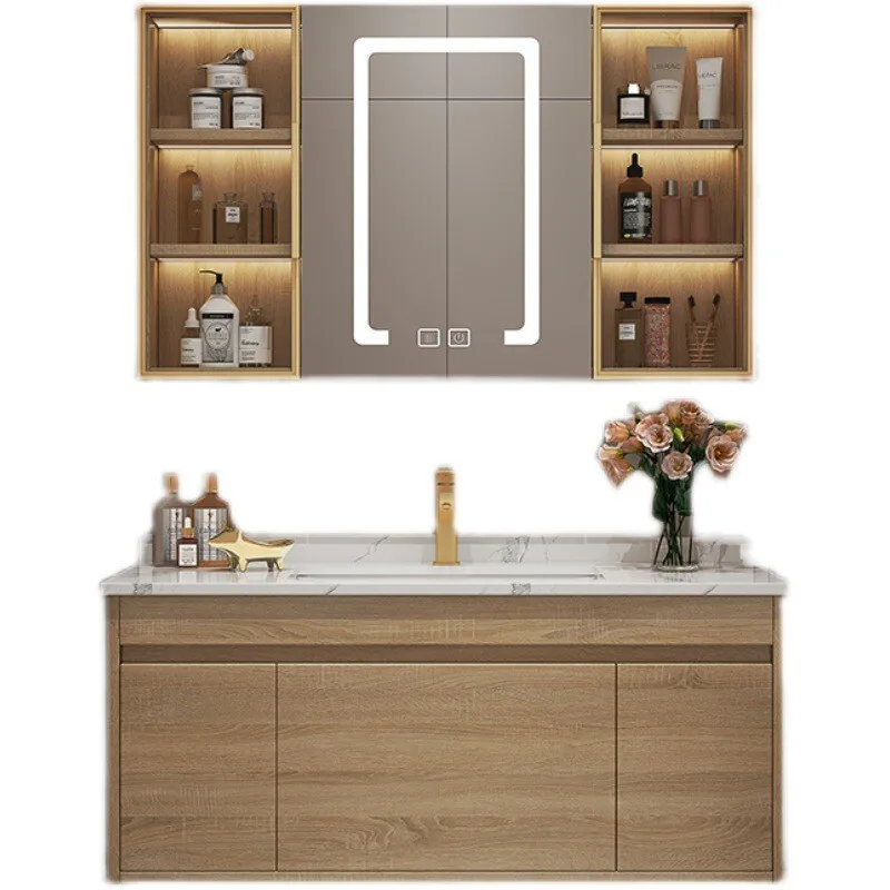 Color Stone Plate Ceramic Basin Bathroom Cabinet Combination Intelligent Defogging Glass Door Feng Shui Sliding Mirror Cabinet