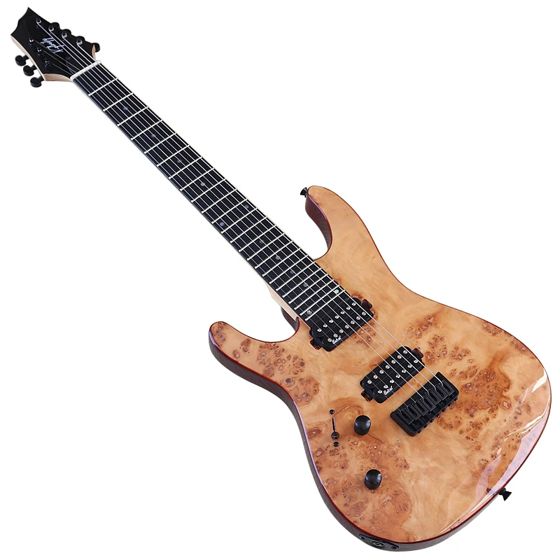 Electric Guitar Left Hand 7 String Tree Burl Top 39 Inch Solid Okoume Wood Body Shape Headstock Fast Delivery