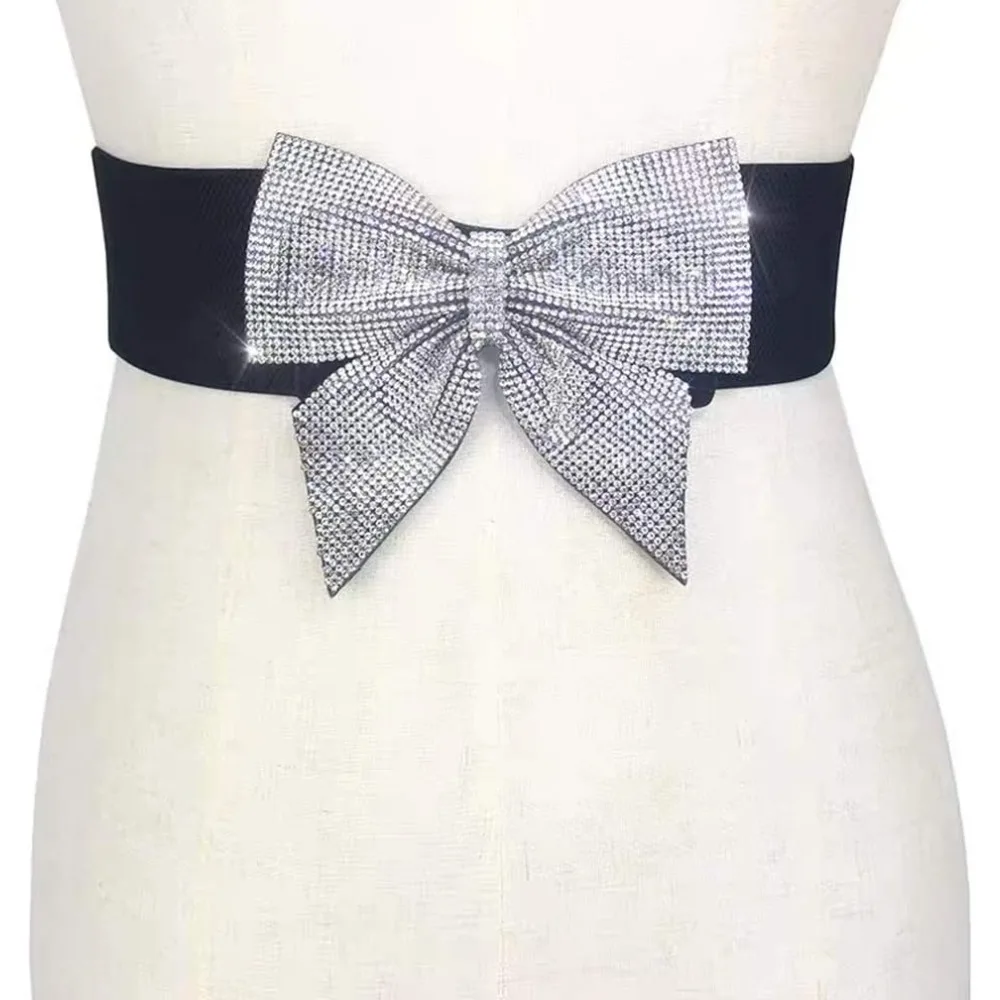 Women\'s Big Rhinestone Bow Elastic Peplum Waistbunds Wide Wedding Party Dress Belts For Women Blingbling Corset