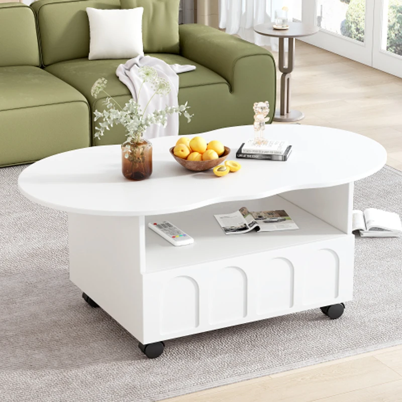 ON-TREND Flexible Cream Style Coffee Table with 2 Brake Wheels, Cloud Top Side Table, White with Drawer, Irregular Center Table