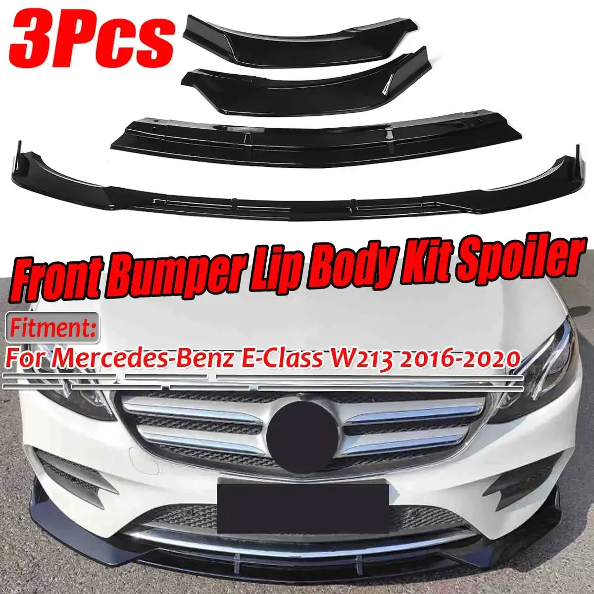 3PCS Glossy Black Car Front Bumper Splitter Lip Spoiler Cover Trim Guard Protector For Mercedes For Benz E-Class W213 2016-2020