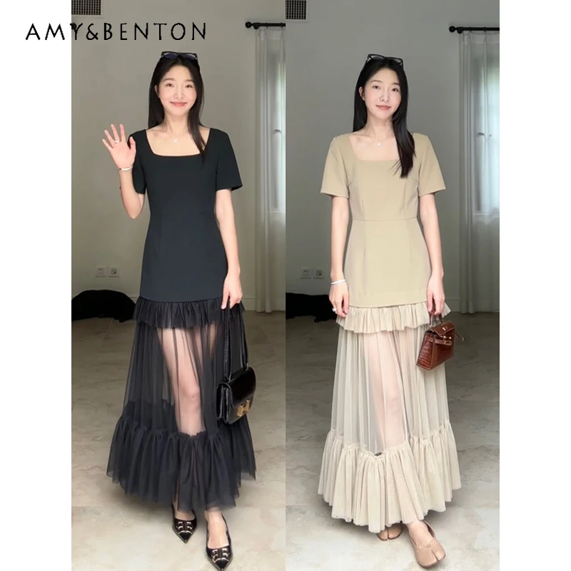 High-End Suit Dress Sets Spring Autumn Heavy Industry Square Collar Short Sleeve Mesh Stitching Dress Baggy Coat Two-Piece Sets