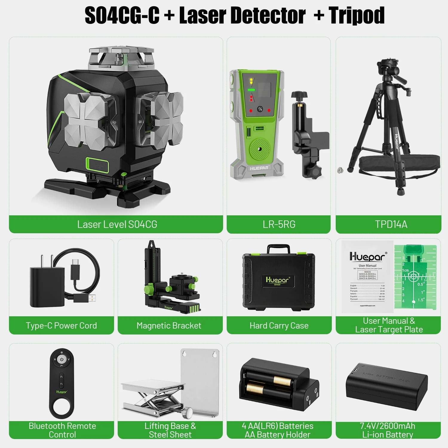 Huepar S04CG-C 4D groene laserniveau Zelfnivellerende kruislijnlasergereedschappen met detector, LCD-scherm, afstandsbediening, Bluetooth en beugel