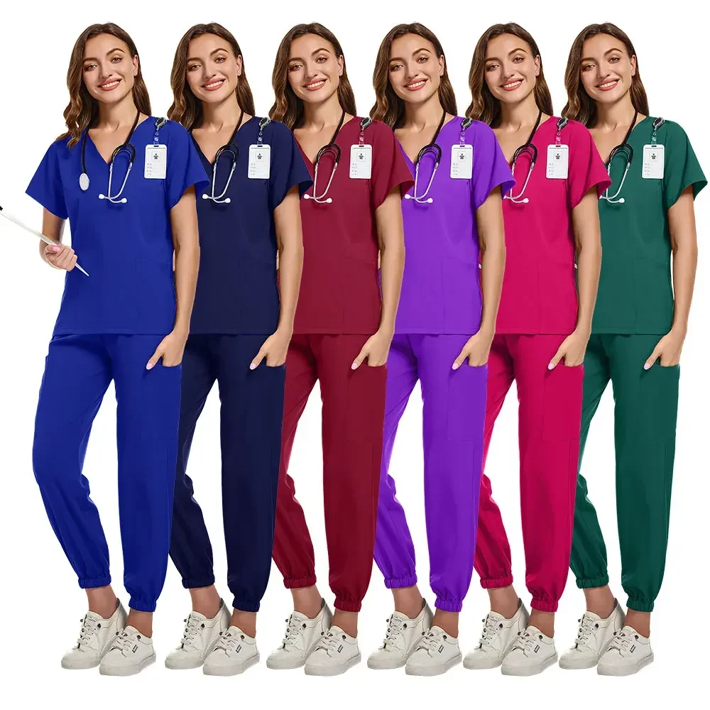 Scrubs Uniform Suit Short Sleeve V-neck Tops+jogger Pants Set Nursing Uniform Women Multicolor Pet Doctor Scrub Medical Workwear