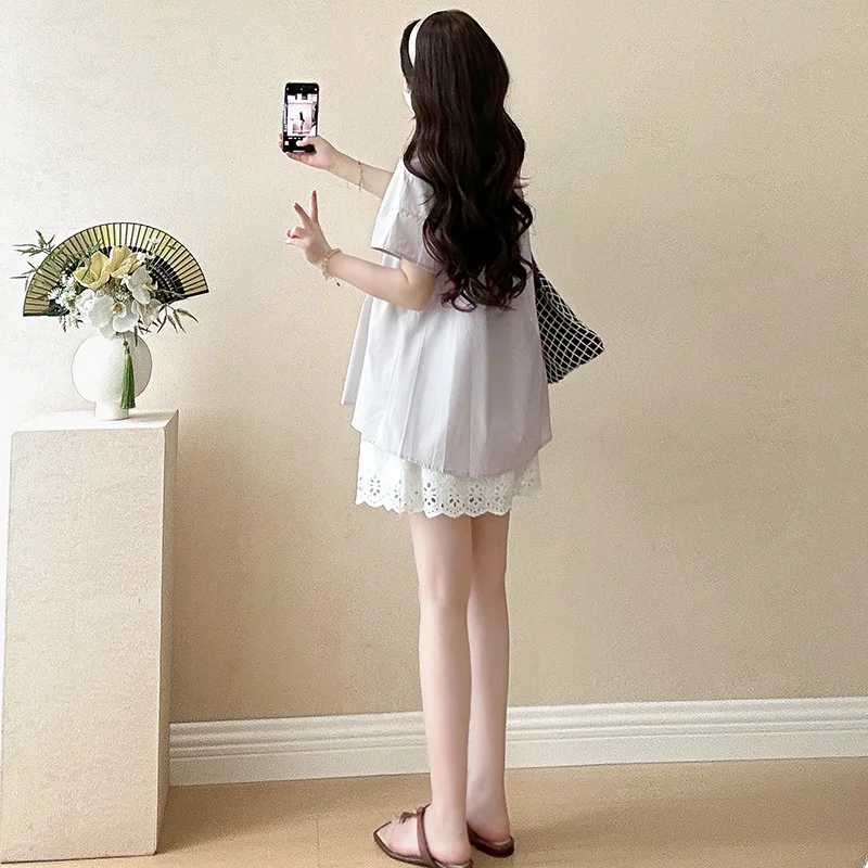 2025 Summer Maternity Set: Chic Blouse+ Shorts - Youthful Two-Piece Pregnancy Outfit with Babydoll Silhouette for Expecting Moms - Image 4