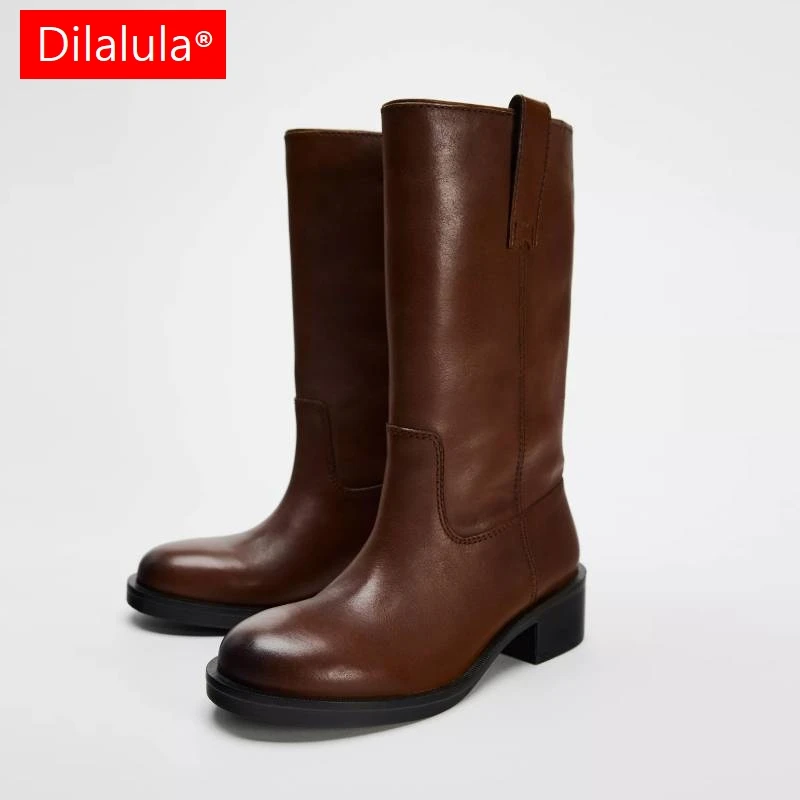 

Dilalula 2026 Newest Genuine Leather Women Mid Calf Boots Round Toe Med Thick Heels Slip On Short Boots Lady Autumn Winter Boots