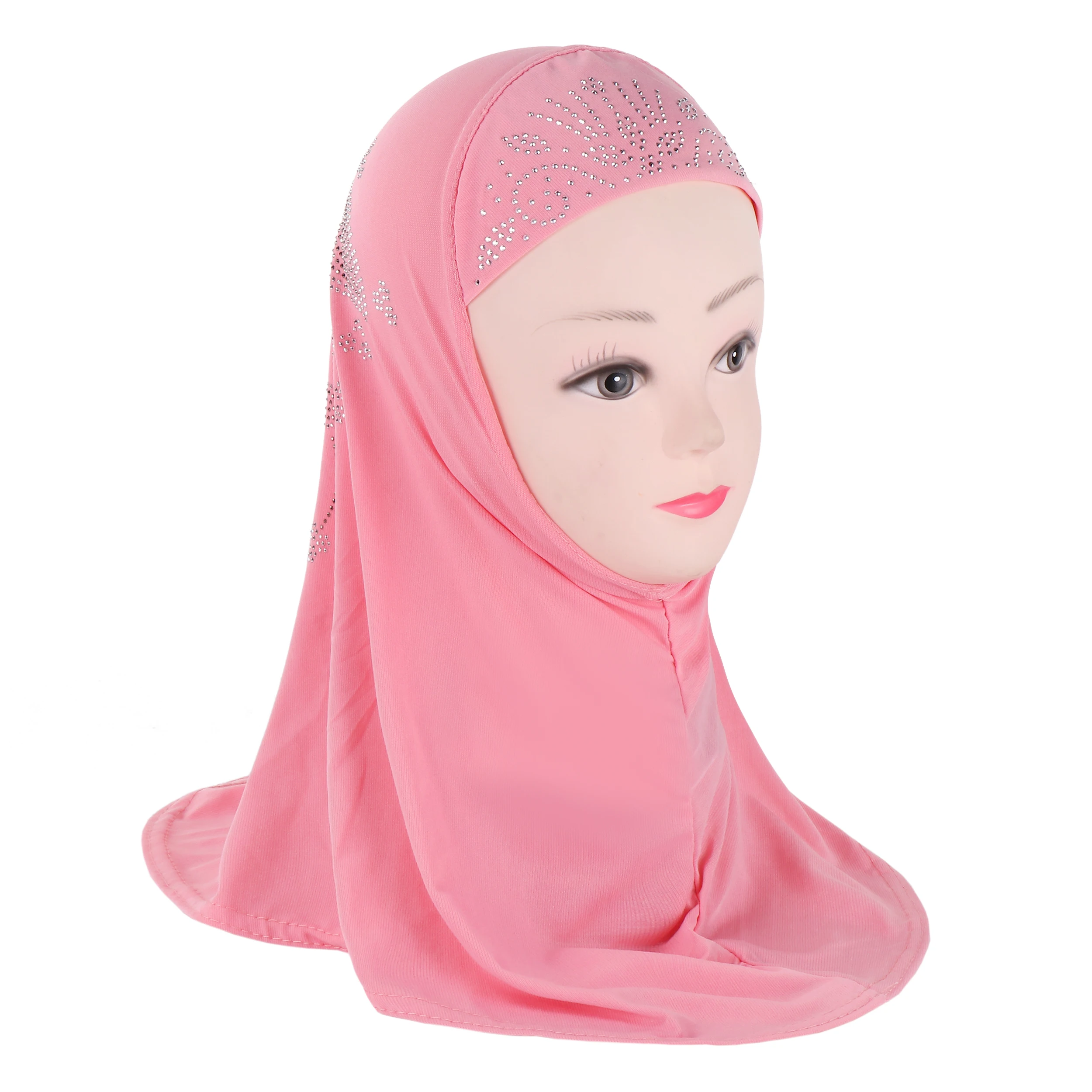 H359a Small Girls 2-6 Years Muslim Hijab with Rhinestones Top Quality Amira Pull On Islamic Scarf Hot Sell Headscarf Pray Hat