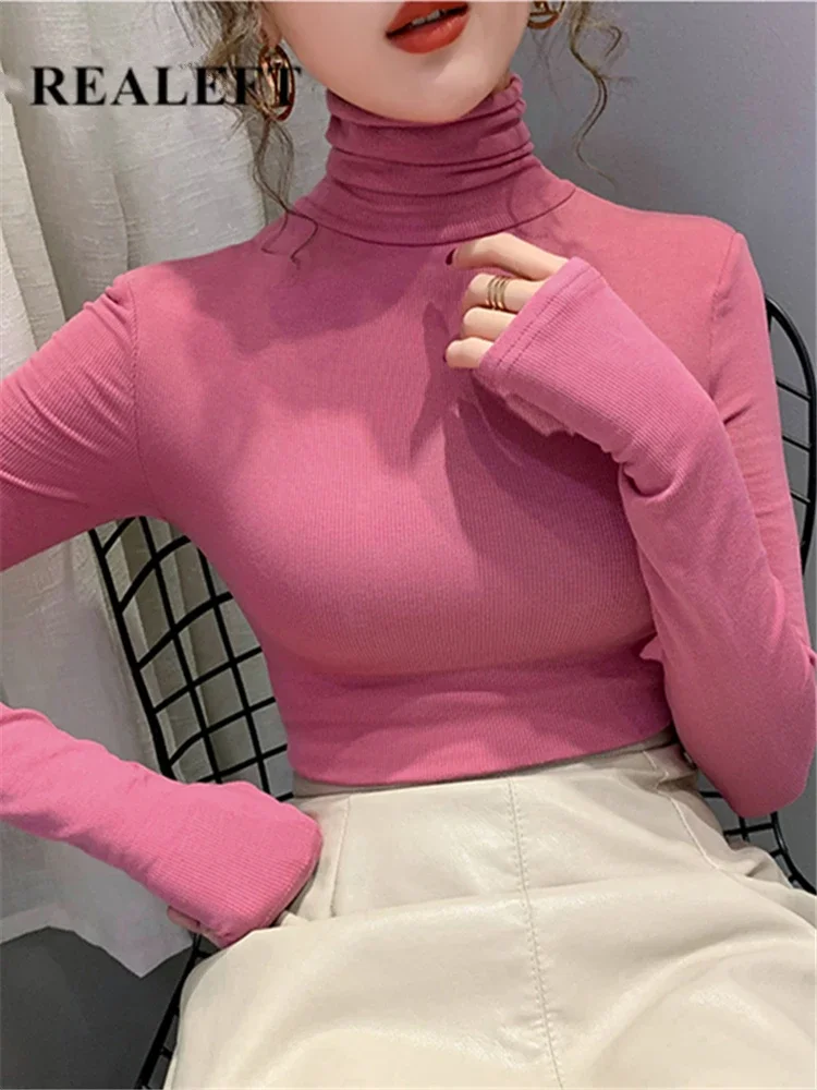 REALEFT Autumn Winter Velvet Thicken Knitting Women's Sweater 2023 New Solid Bottom Long Sleeve Minimalist Turtleneck Pullovers