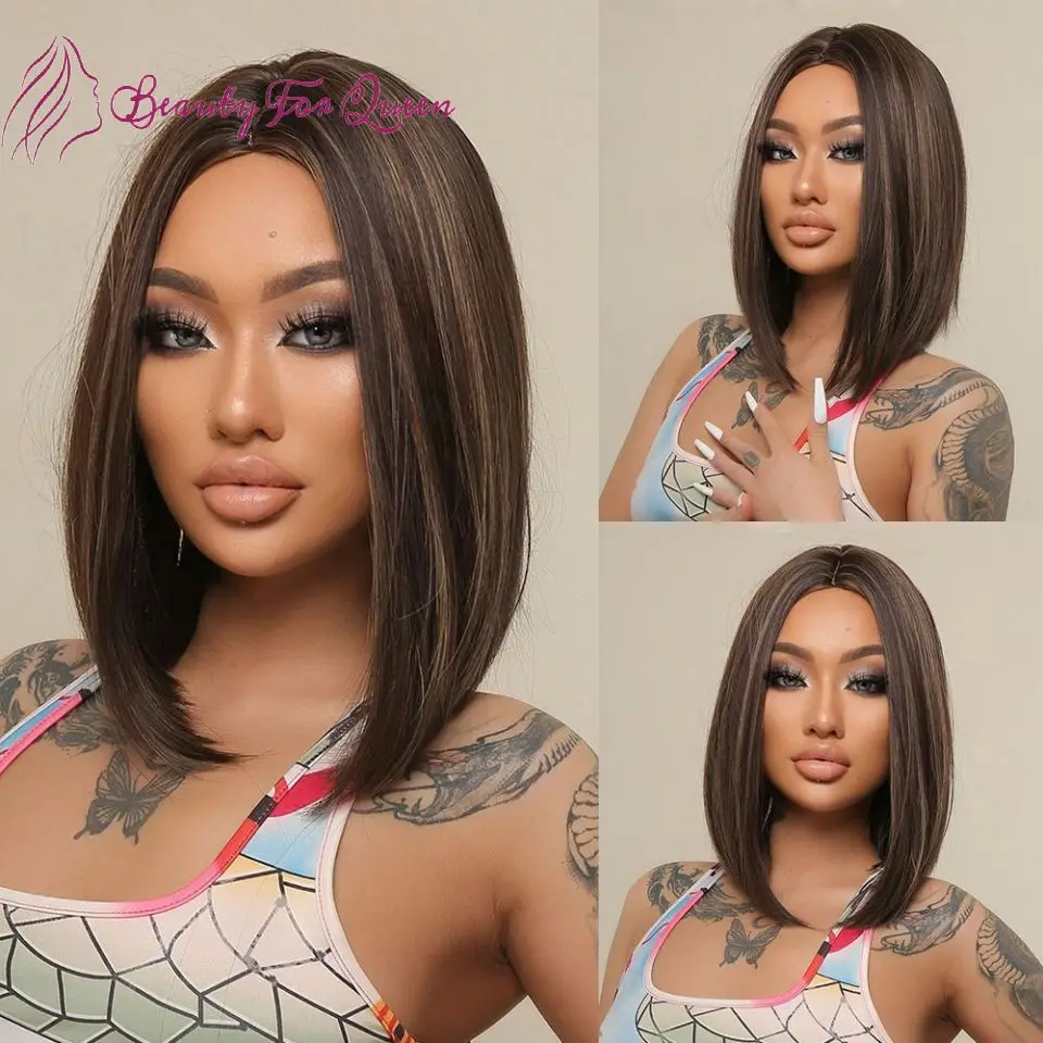 Straight Short Bob Wig Highlight Brown Colored Human Hair Transparent Lace Front Wig Glueless Wig Human Hair For Women