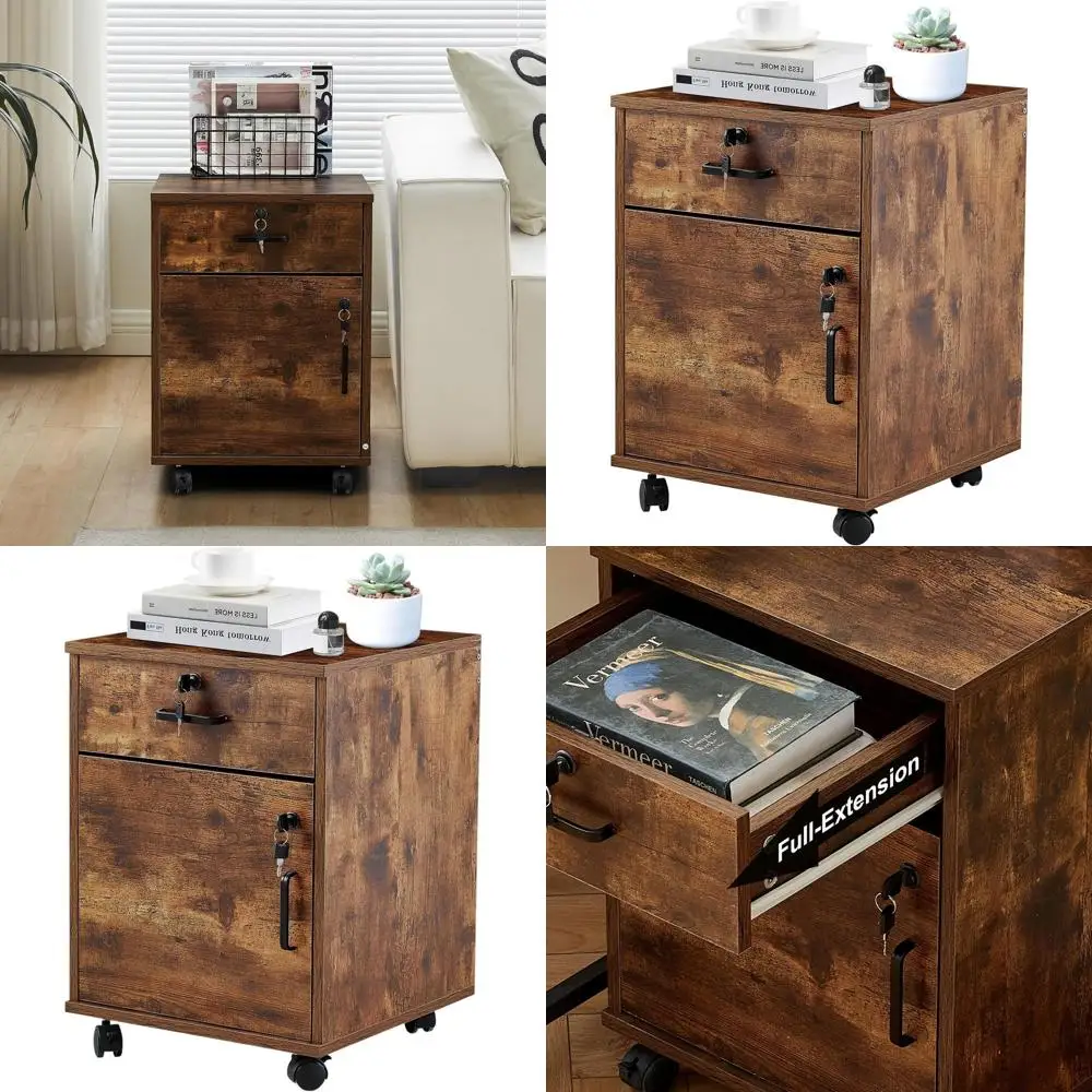 

Secure Wooden Home Office File Cabinet with Lockable Drawer and Rolling Wheels in Rustic Brown
