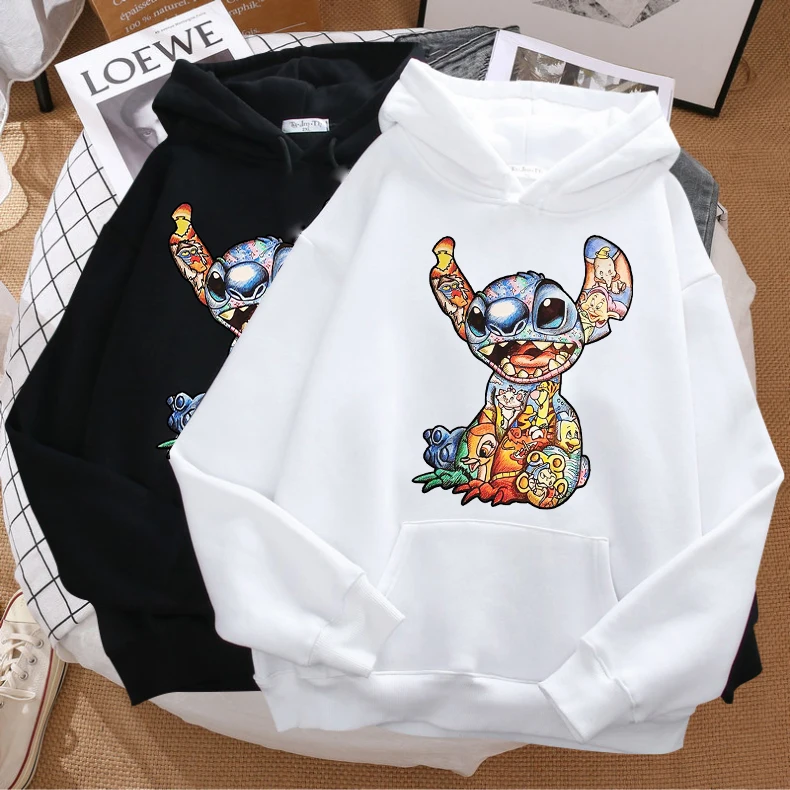 New Disney Funny Stitch Hoodies Women Harajuku Pullovers Cute Kawaii Casual Tops  Angel Print Hooded Sweatshirt Long Sleeves