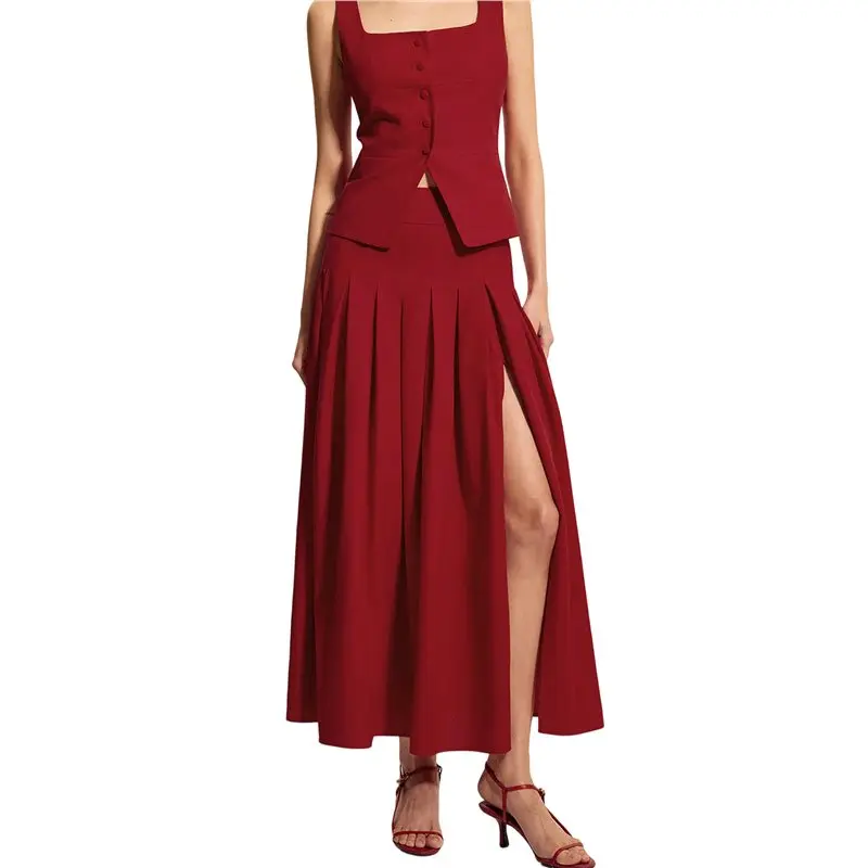 NEW-Women's 2 Piece Sets Sleeveless Blazer Vest Skirt Suits
