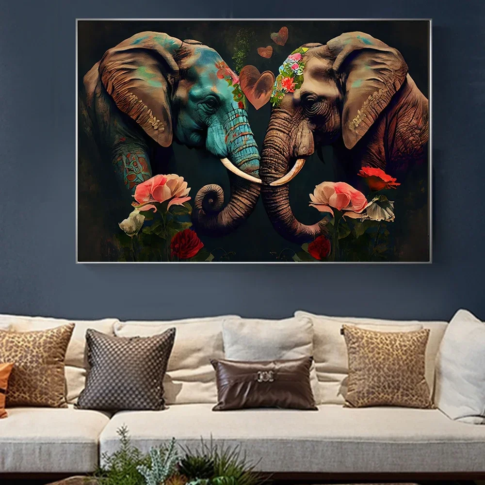 Lion Tiger Elephant Poster Prints Wall Art Picture Boho Flower Abstract Animal Canvas Painting for Modern Living Room Home Decor